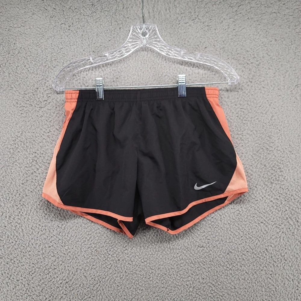 Nike Dri-Fit Shorts Womens XS Orange‎ And Black Swoosh Logo Lined Running Shorts